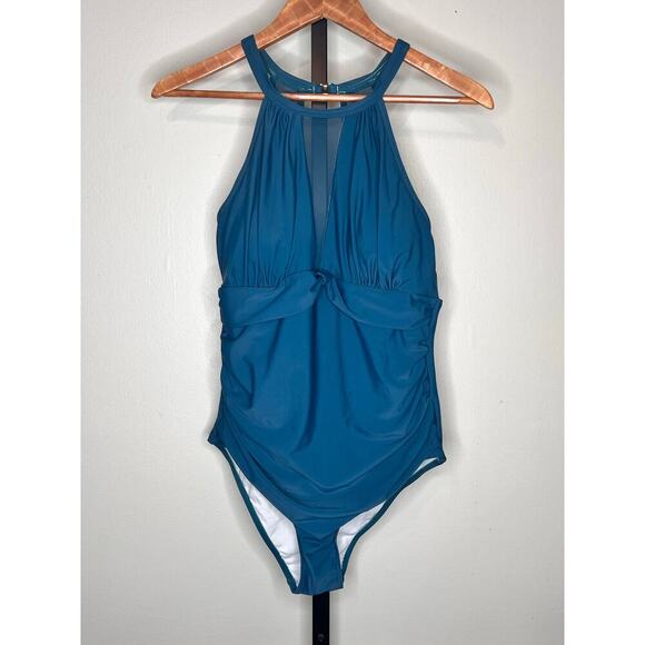 NWT Tempt Me One-Piece Swimsuit High Neck Ruched Bathing Suit Green Womens L - Picture 3 of 5